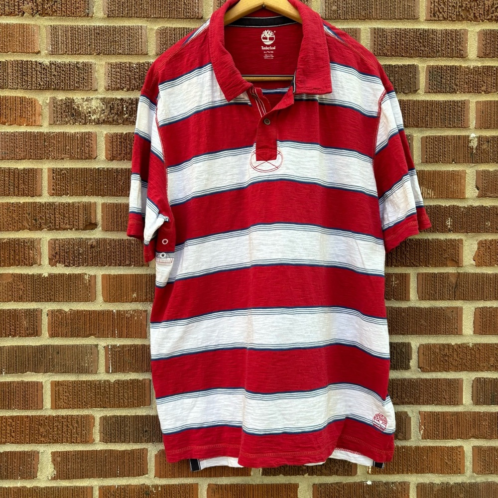 Timberland Red White Striped Polo short sleeve 100% Cotton Shirt Size XL